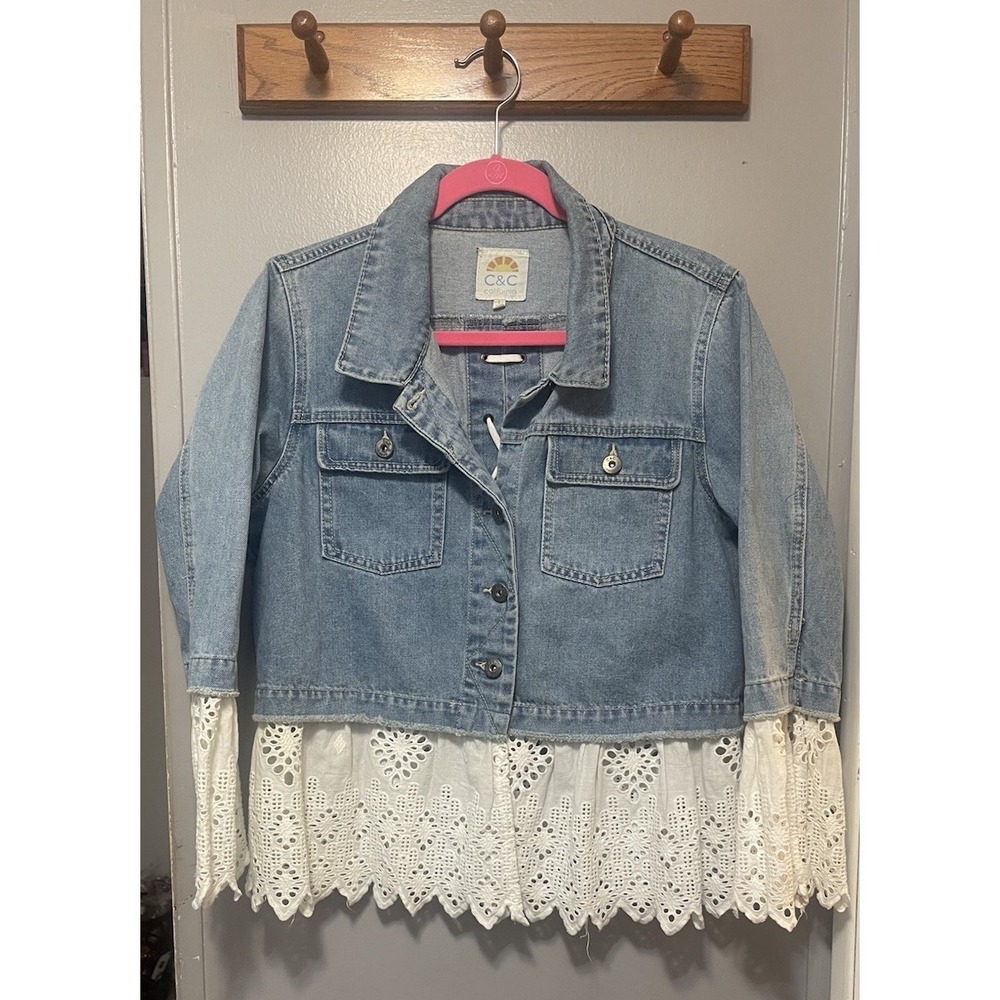 C&C California Denim Jean Jacket With Eyelet Lace Trim Women's Large  Blue